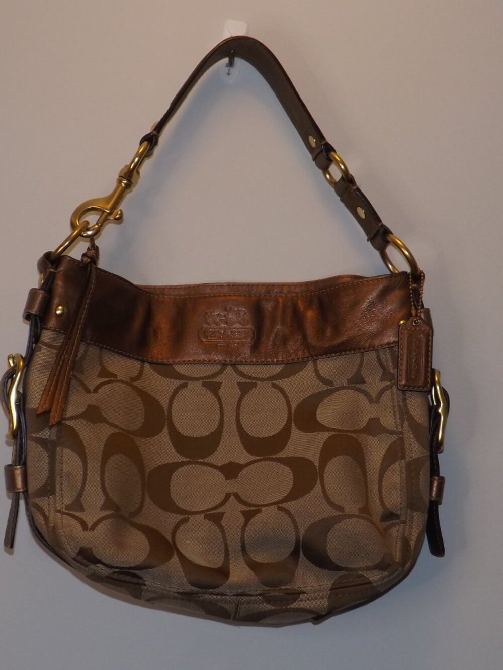 COACH F12657 Zoe Medium Hobo Bag Purse Khaki jacquard Brow Leather Clean Classic